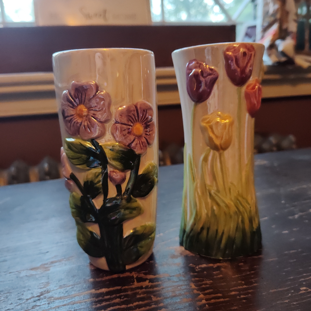 Floral Ceramic Vases - Purple and Green